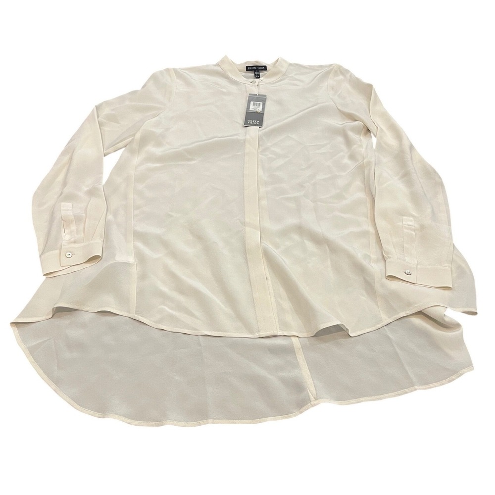 Eileen Fisher Mandarin Collar Shirt Womens XS Bone White Silk High Low Hem Tunic